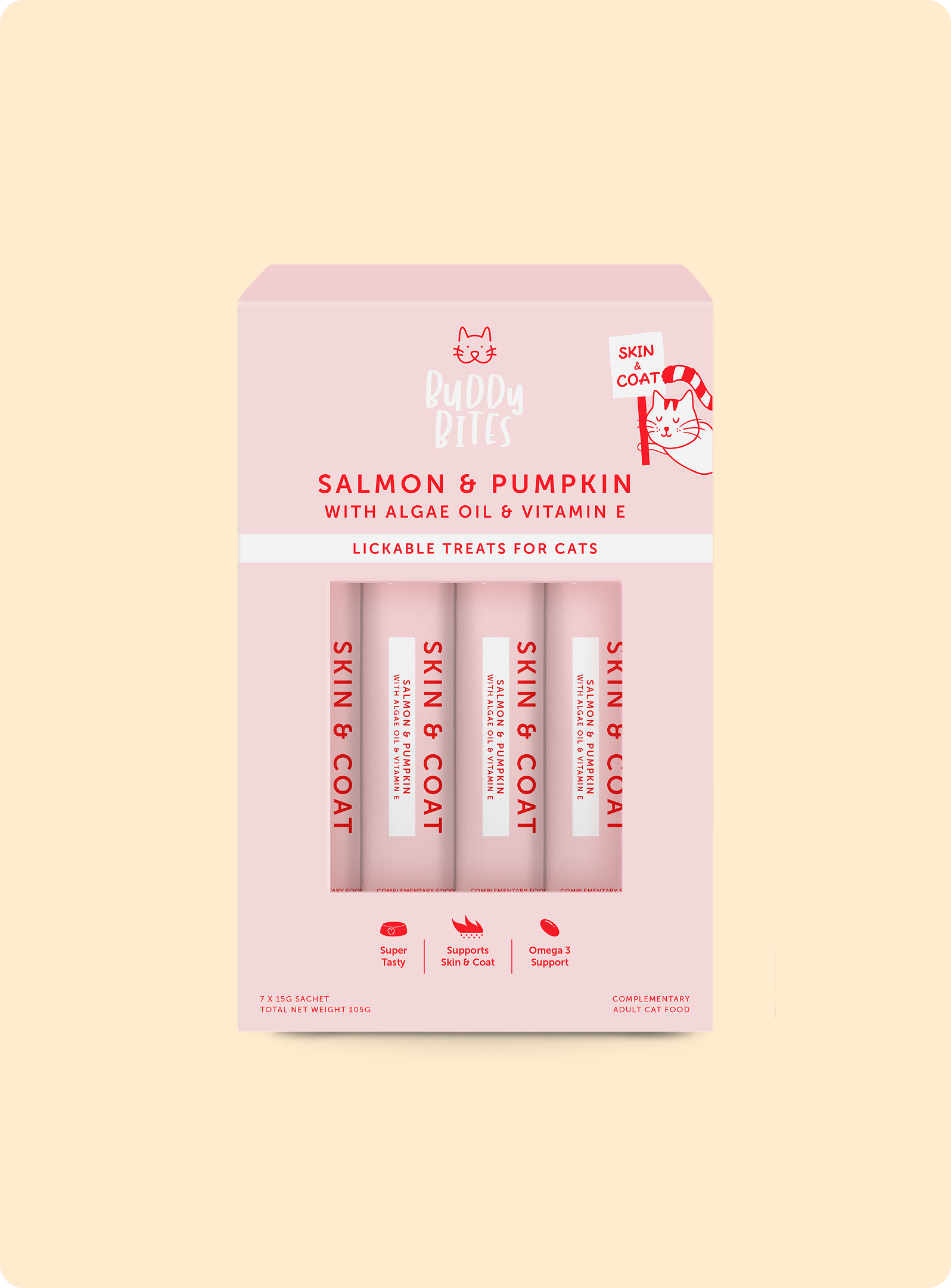 Cat Lickable Treats - Skin & Coat - Salmon with Pumpkin Box (15gx7)